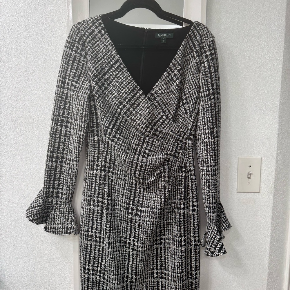 Ralph Lauren Black and White Plaid Long Sleeve Wrap Dress